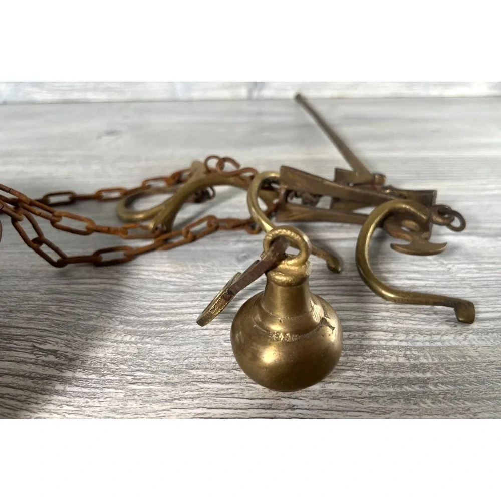 Antique Original Solid Brass Hanging Weighing Beam Balance Scale Chain & Weight